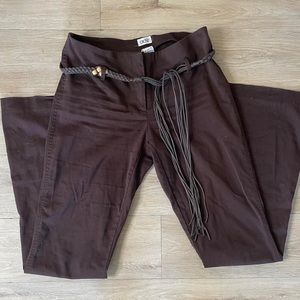 Y2K Cache Chocolate Brown Flared Pants with Fringe belt and Bead Details